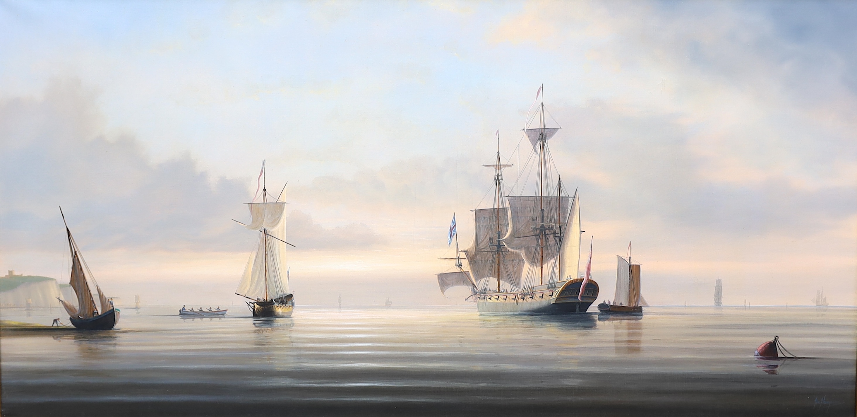 Timothy Franklin Ross Thompson (English, b.1951), English naval ship and other shipping off the Sussex coast, on a calm sea, oil on canvas, 50 x 100cm